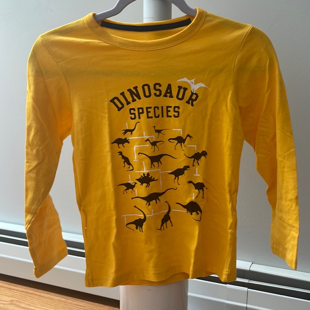 Medium, long sleeve yellow shirt with dinosaurs.
